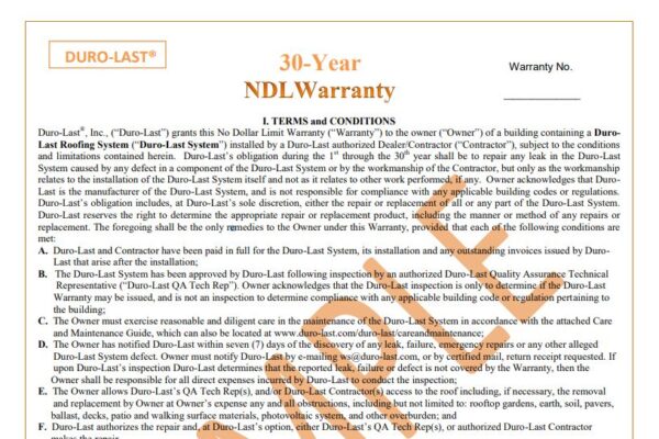 Duro-Last 30 Year Warranty Sample